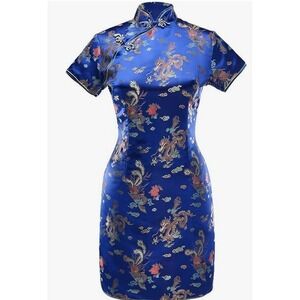 Laogudai Blue Colorful Dragon Short Satin Mock Neck Cheongsam Dress SZ 12(42)